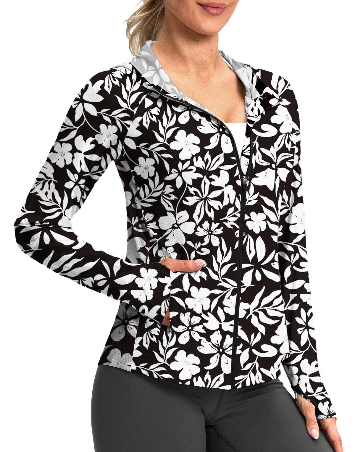 G Gradual Women's UPF 50+ Sun Protection Hoodie Jacket Lightweight Zip Up Jackets Long Sleeve Shirts for Women Hiking Outdoor(White Flower,XS)