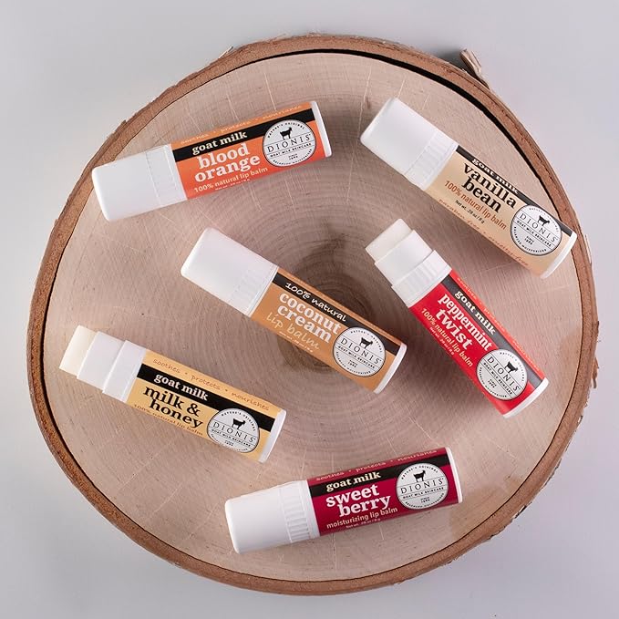 Dionis Goat Milk 6 Pc Lip Balm Ornament 2024 - Vanilla, Coconut, Milk & Honey, Berry, Peppermint & Blood Orange Scented Chapstick - Shea Butter & Coconut Oil, Protect & Restore Lips 0.28oz
