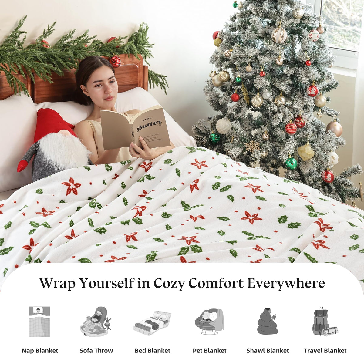Fleece Print Throw Blanket, Super Soft Plush Cozy Fuzzy Red Floral and Green Leaves Printed Throw Blankets for Couch Sofa Bed, and Home Décor, Microfiber Flannel, All Seasons 50x60 Inches