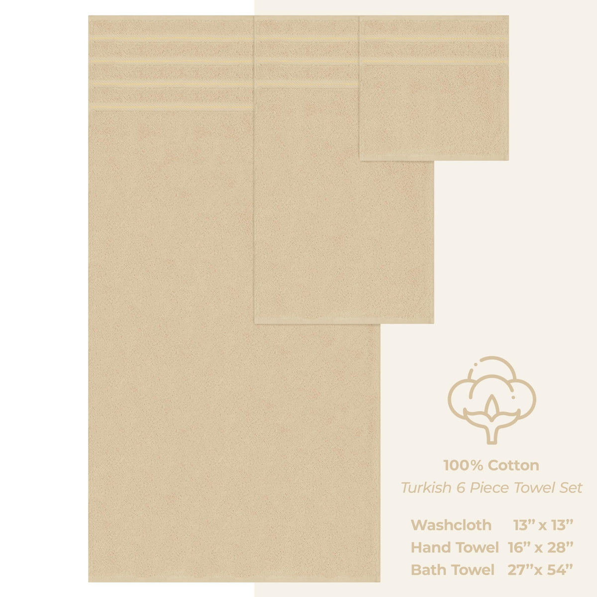 American Soft Linen Luxury 6 Piece Towel Set, 2 Bath Towels 2 Hand Towel 2 Washcloths, 600 GSM 100% Cotton Turkish Towels for Bathroom, Beige Towel Sets