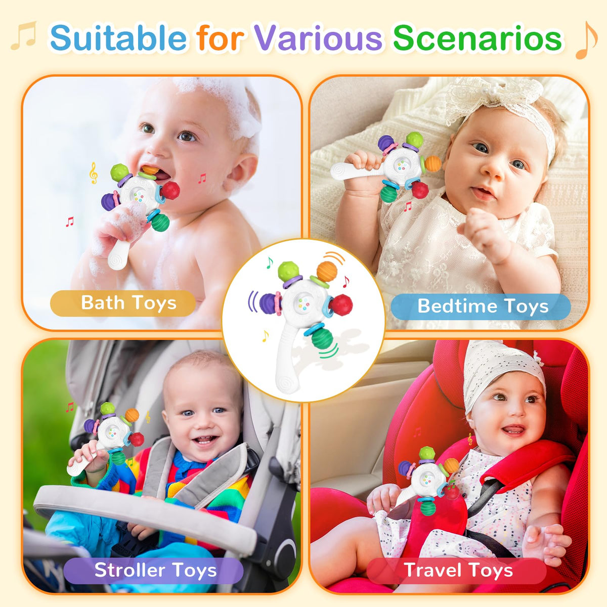 Food Quality Baby Rattle - Teething Ring - BPA - Free,Suitable for Choking - Design,Grip strengthening,Suitable for Hearing Development and Teeth Development,Ideal for Babies Aged 0-36 Months (White)