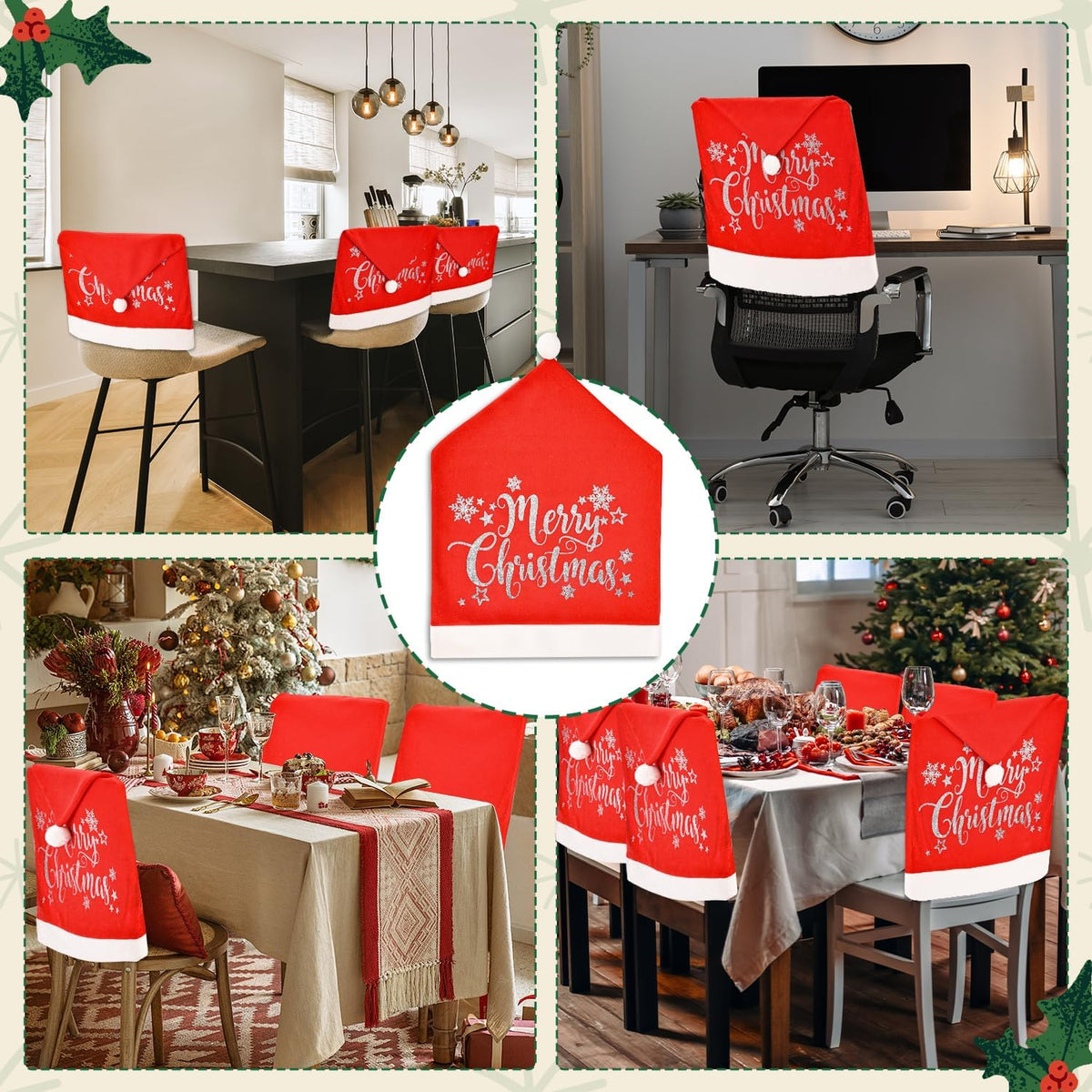 CreiYuan Christmas Chair Covers Set of 4 Santa Hat, Silver Glitter Print, High Resilience Pompon on Top, Size 25"x20", Christmas Decorations Indoor for Dining Room, Christmas Party Decorations
