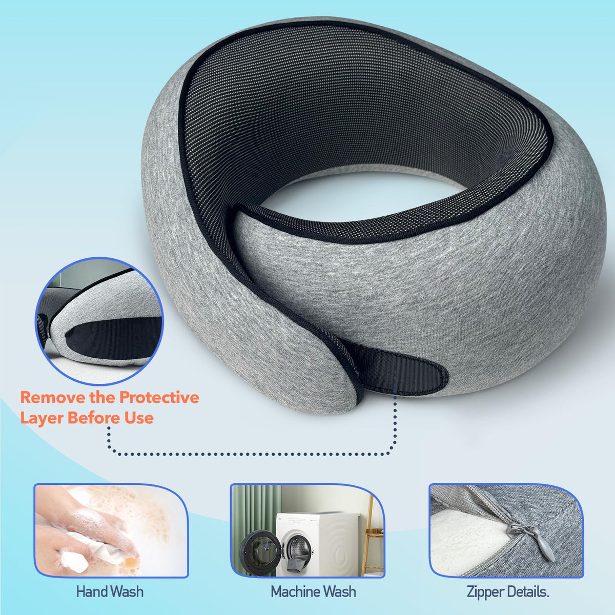 HWGIZP Travel Pillow | High-Density Memory Foam Pillow with 360° Surround Support. Ergonomically Designed. Ideal for Airplane Travel and Home Use. (Light Gray)