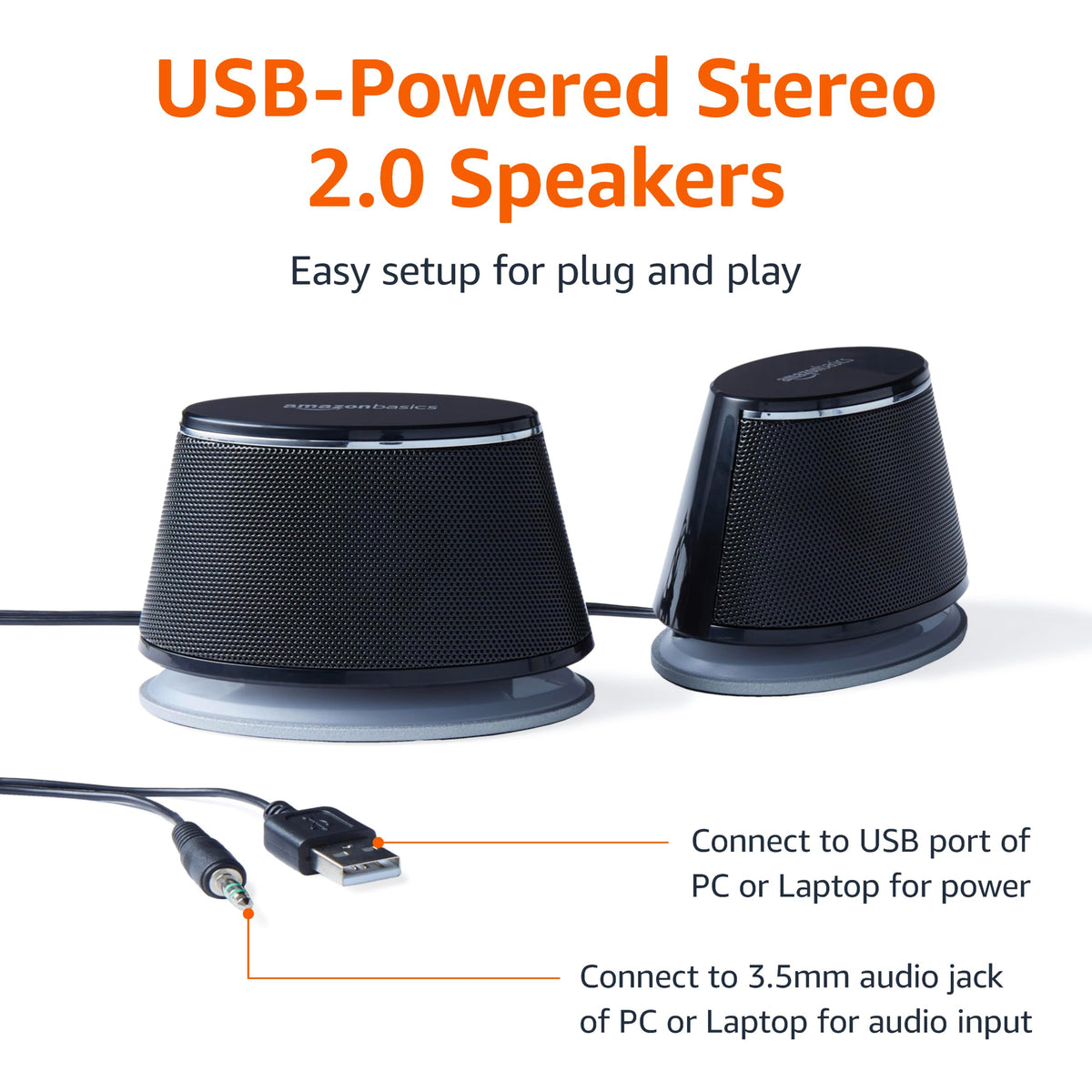 Amazon Basics Stereo 2.0 Speakers for PC or Laptop, 3.5mm Aux input, USB-Powered, 1 Pair, Black
