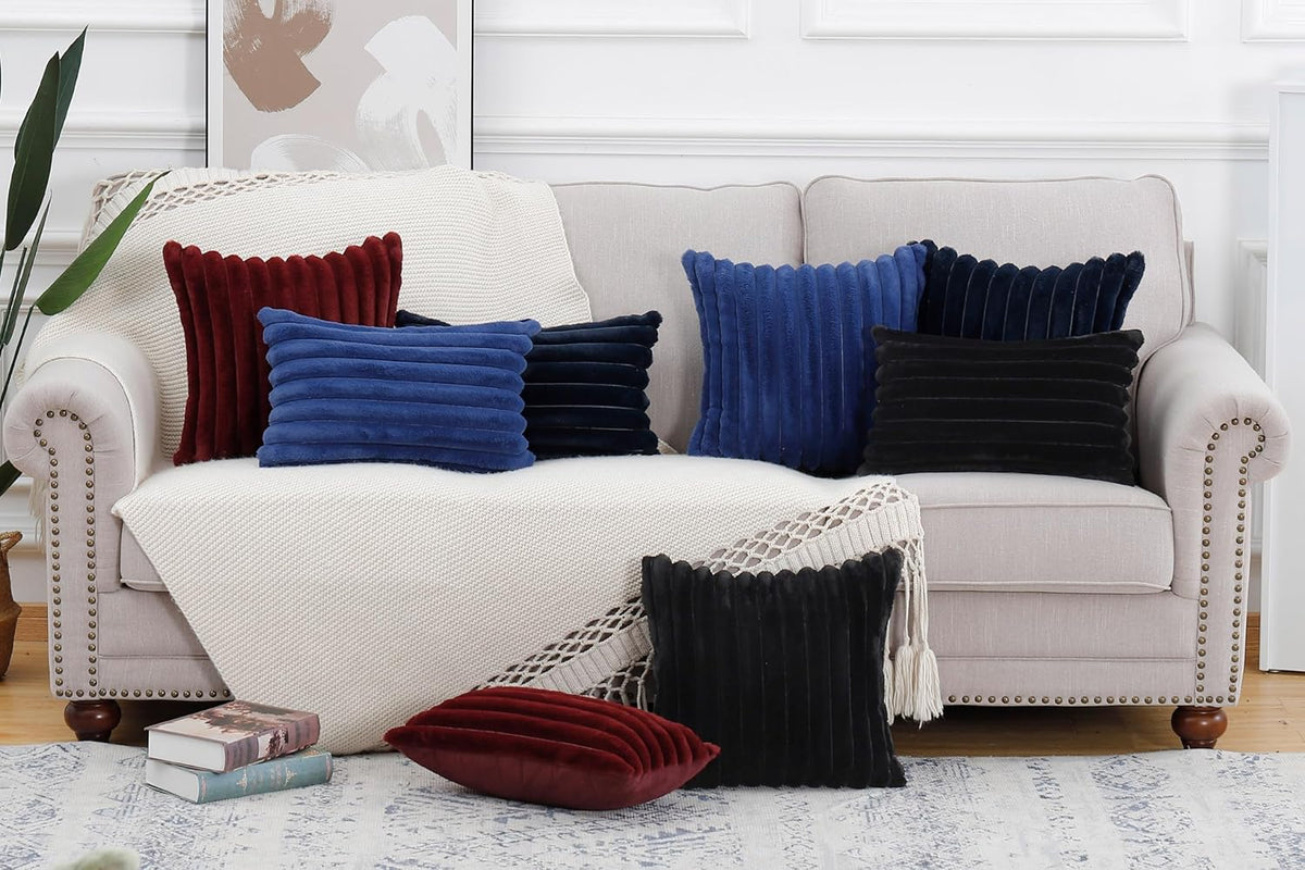 MADIZZ Set of 2 Faux Wool Plush Decorative Throw Pillow Covers 22x22 Inch Dark Blue Fluffy Striped Soft Decorative Cushion Cover for Sofa Bedroom Pillow Shell