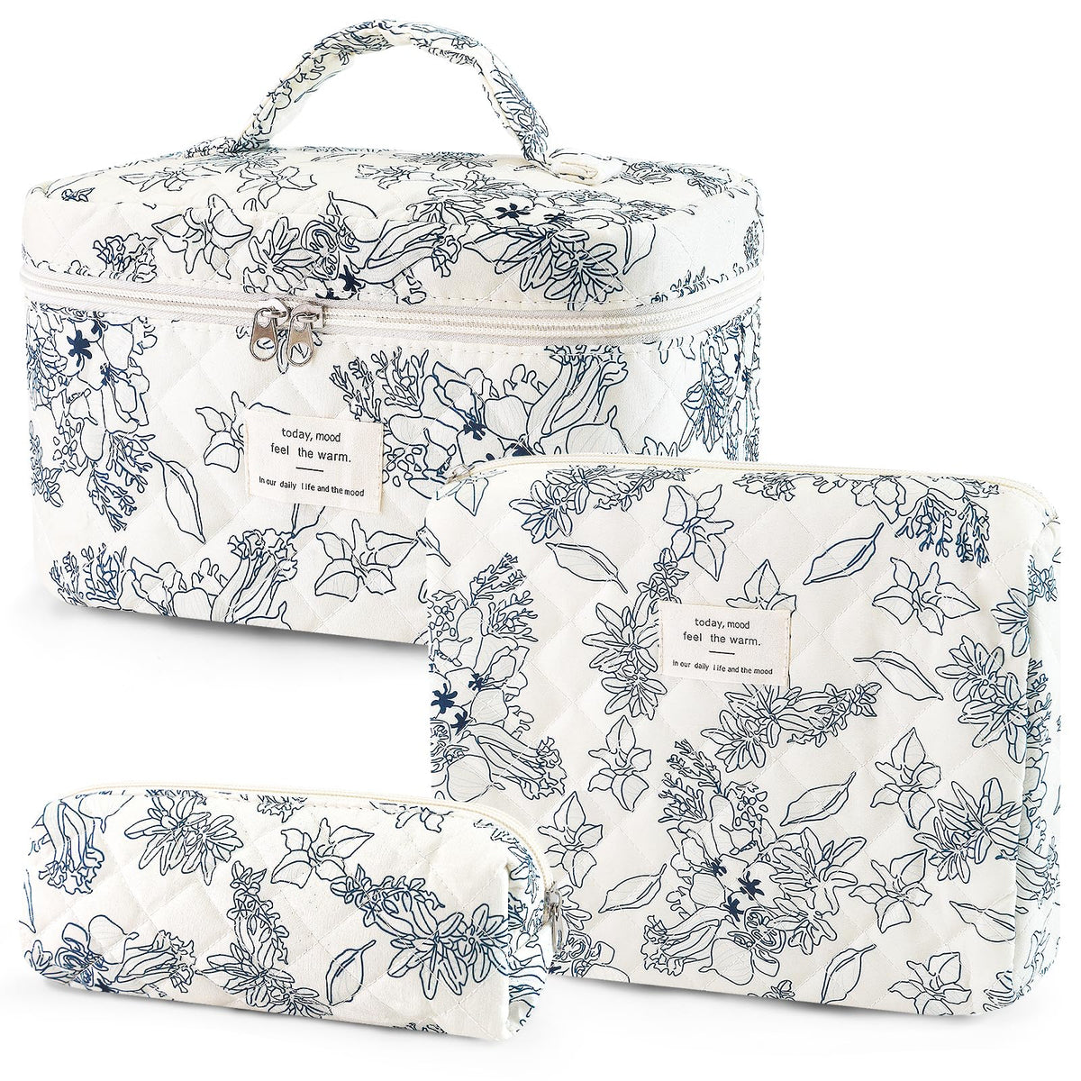 Givurao 3Pcs Cotton Quilted Makeup Bag for Women Girls, Large Floral Cosmetic Bag Set Cute Makeup Brushes Aesthetic Accessories Storage Bag Flower Travel Toiletry Bag Organizer