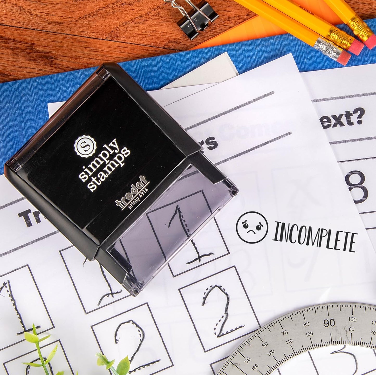 Custom Self-Inking Teacher Stamps | 49 Designs | Fun Teacher Phrases | Grading Made Easy | Classroom, Teacher and Library Book Stamps (Incomplete, Xtra Wide)