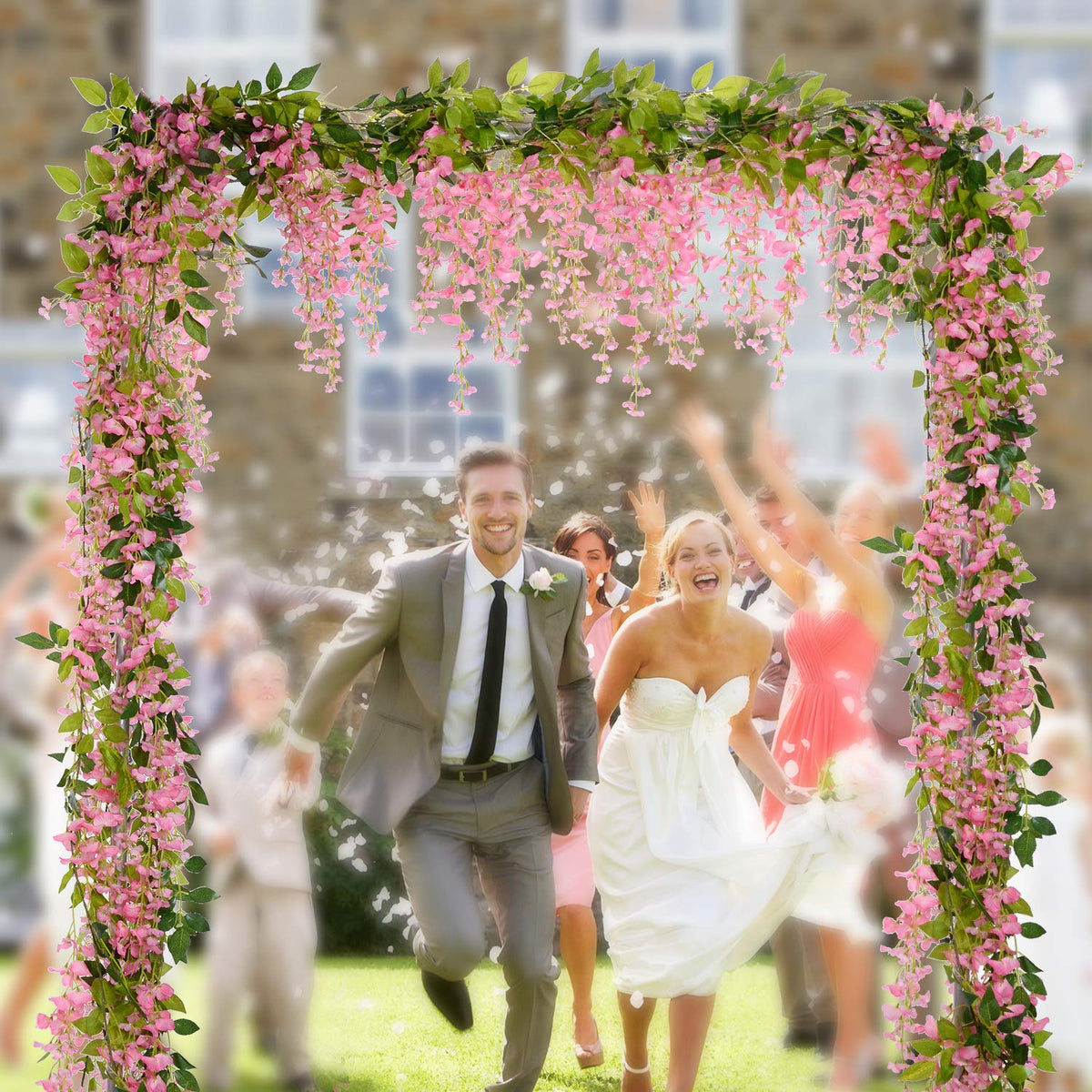 Lvydec Wisteria Artificial Flowers Garland, 4 Pcs Total 28.8ft Artificial Wisteria Vine Silk Hanging Flower for Home Garden Outdoor Ceremony Wedding Arch Floral Decor (Pink)