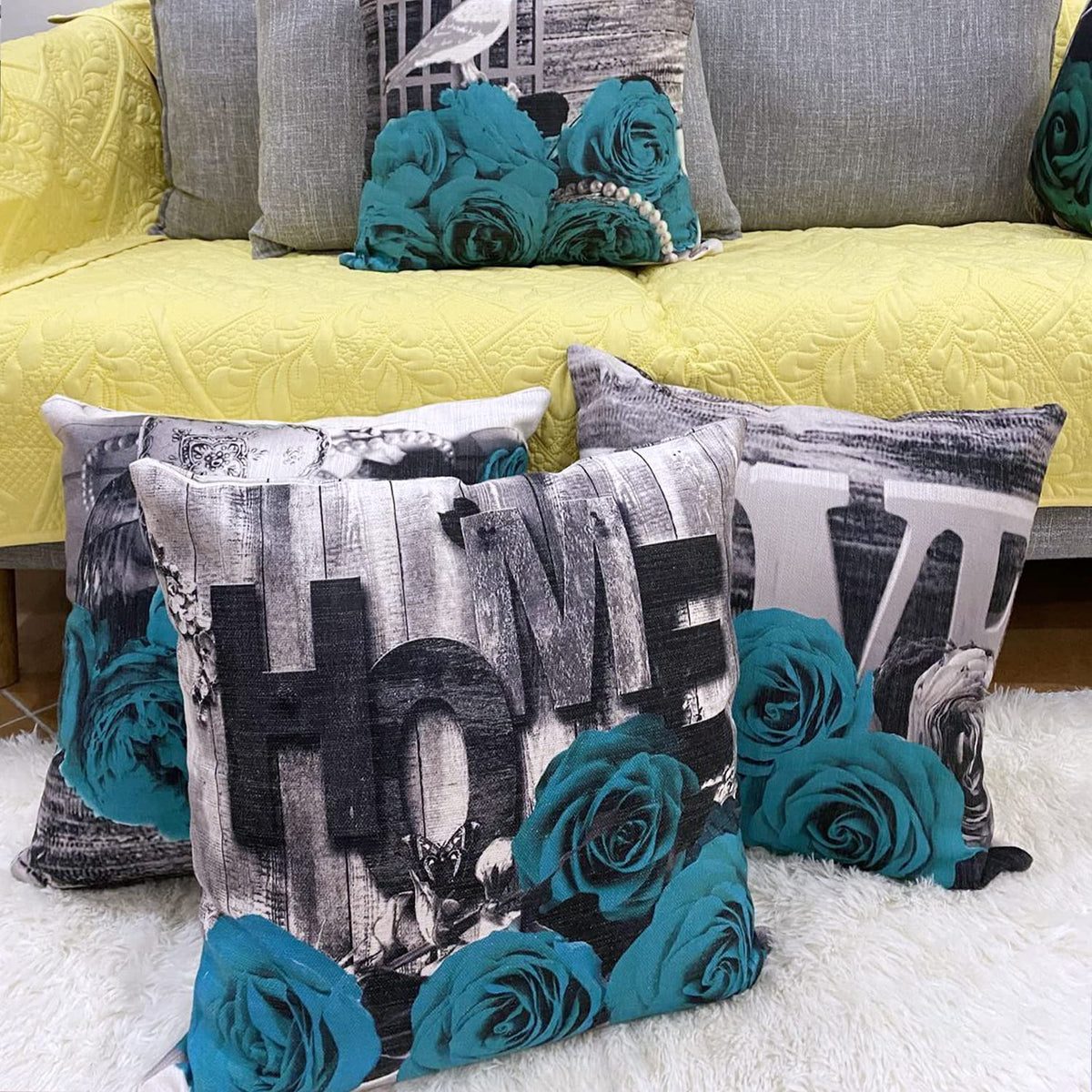 Turquoise Throw Pillow Covers 18x18 Set of 4 Farmhouse Grey Teal Pillow Cover for Couch Outdoor Patio Furniture, Linen Cotton Decorative Rose Flower Cushion Case Bed Sofa Living Room Home Decorations