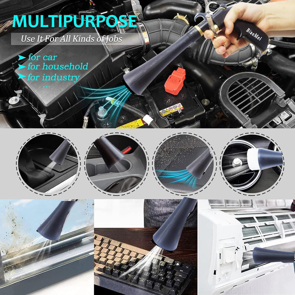 DOZIME High Pressure Car Interior Cleaning Gun Automobile Detailing Washing Gun with Brush-Works with Air Compressor(Aluminium Rotate Tube),Z-014 with Air Regulator Control