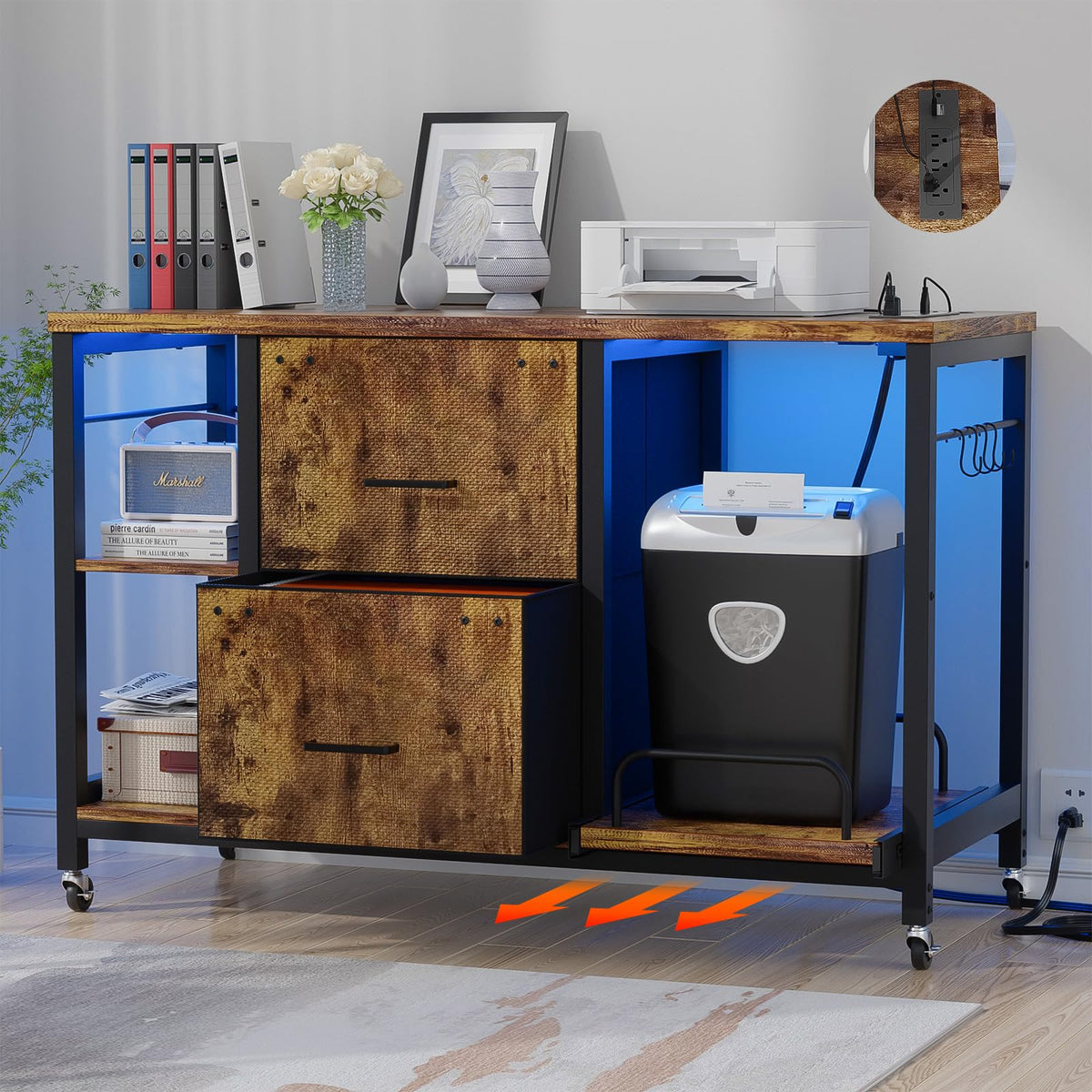 Hyomdeck 2 Drawer Lateral File Cabinet with Shredder Stand, Rolling Office Filing Cabinets with Outlet and LED Light, Printer Table with Storage, Home Office Cabinet for Letter Legal Size, Rustic