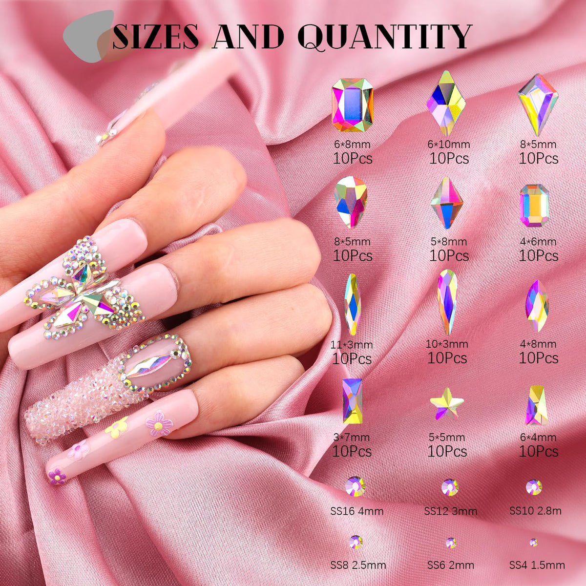 AB Glass Nail Rhinestones & Gems - 3220 Pcs Multi Shapes + 3100 Pcs Round Crystal with Glue Gel for Nail Art