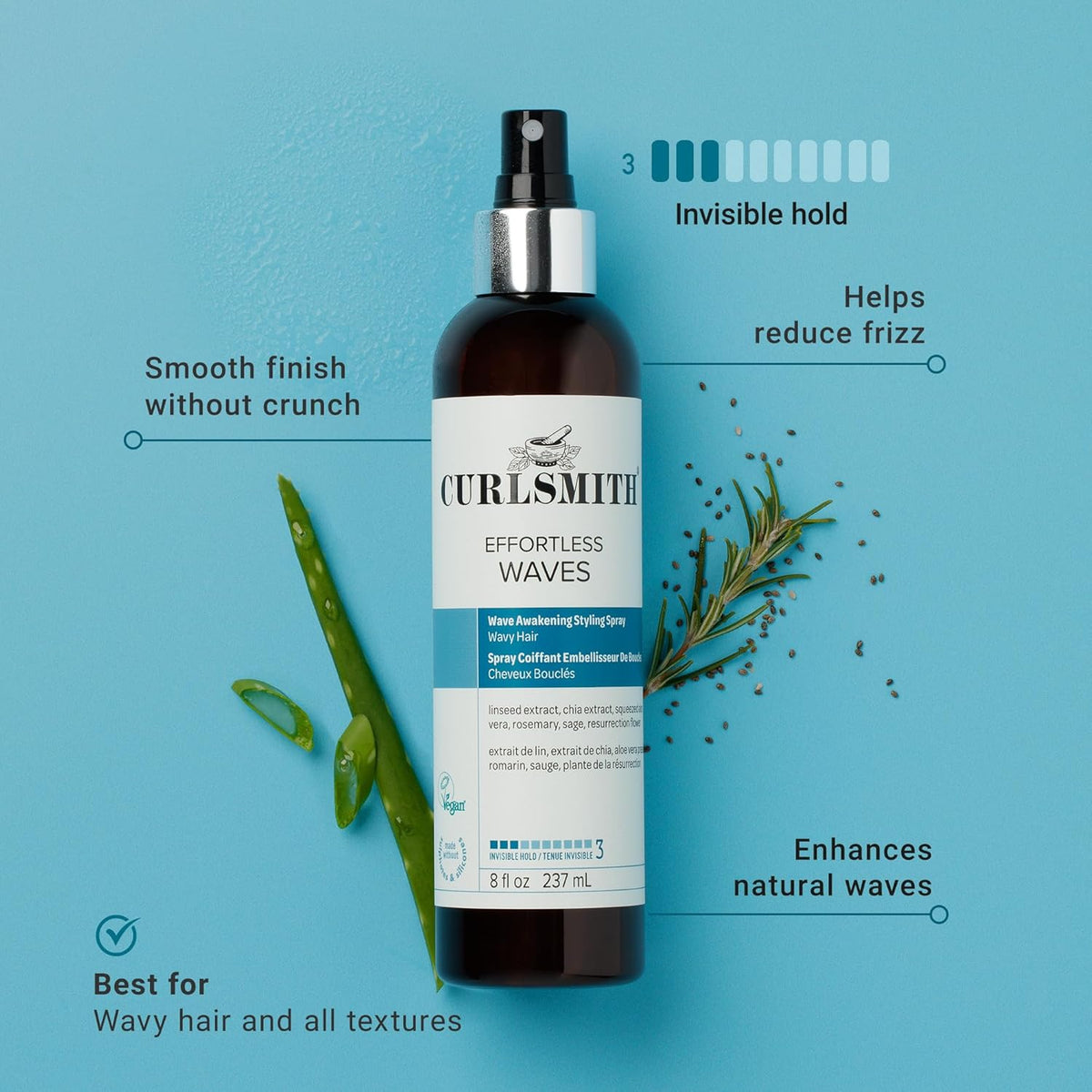 CURLSMITH - Effortless Waves Styling Spray, Lightweight and Moisturising, Reduce Frizz, Natural Look, For Wavy and Curly Hair, Vegan (8oz)