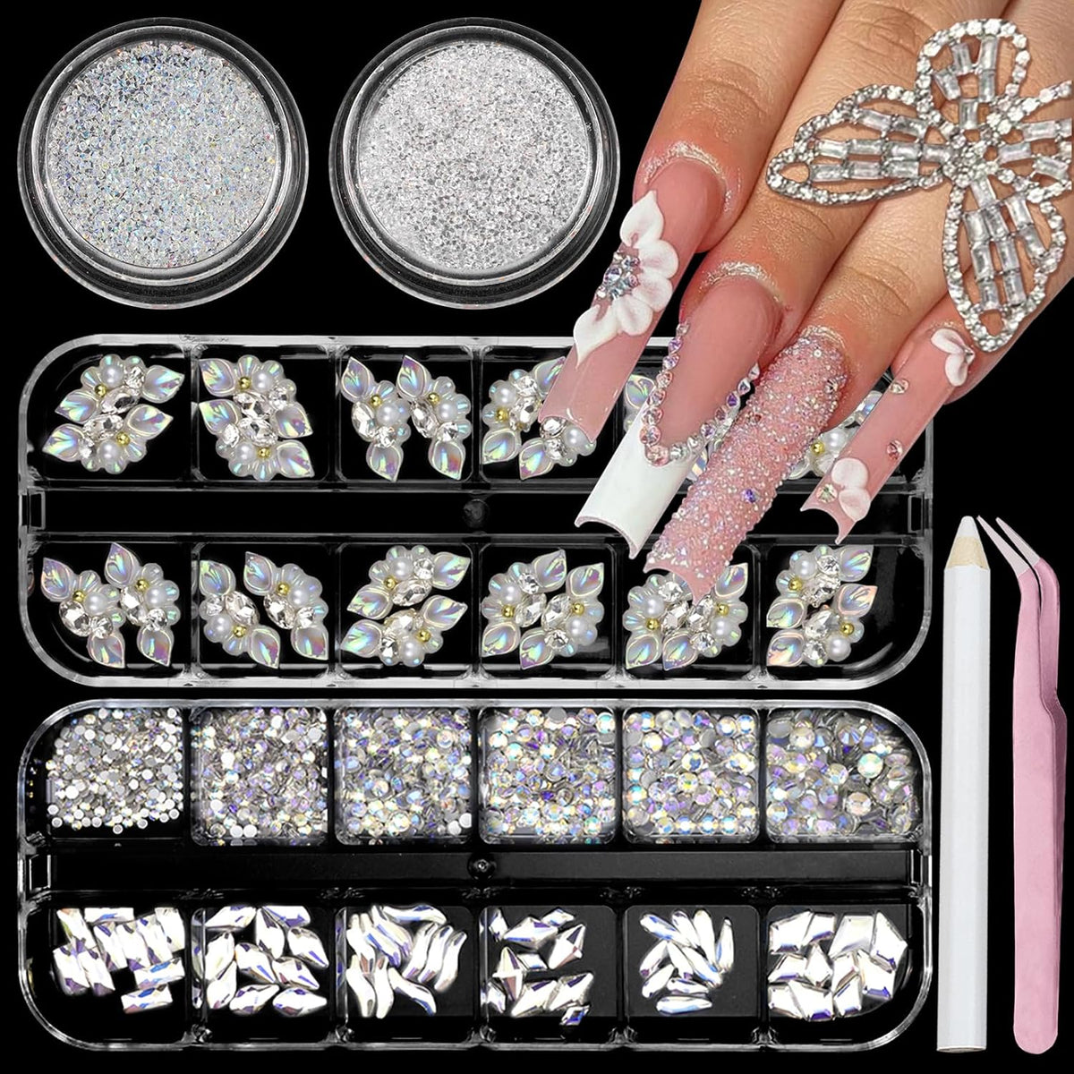 Rhinestones for Nails, Flatback Multi Shape Gems 3D Flowers Nail Charms Mixed Nail Glitter Powder Supplies Moonlight Crystal Jewelry Accessories for Women Manicure Decorations Design