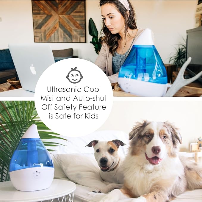 Crane Droplet Ultrasonic Teardrop Cool Mist Air Humidifier, 0.5 Gallon for Bedroom and Office, Blue and White, Nursery Humidifier