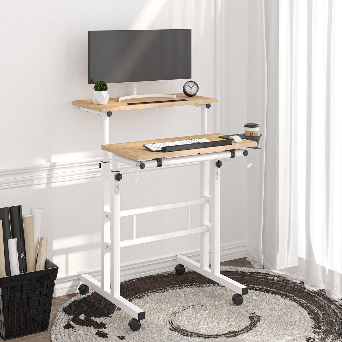 Klvied Mobile Standing Desk with Removable Cup Holder, Portable and Easy to Move, Ideal for Home or Office, Khaki