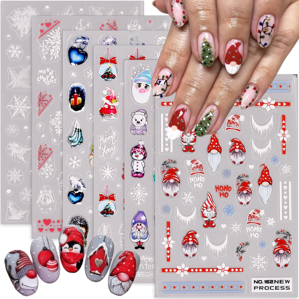 6Sheets Christmas Nail Art Stickers Self-Adhesive Winter Nail Supplies 3D Snowflake Nail Stickers for Nail Art Design Charms Cute Snowman Santa Claus Nail Decals for Women Xmas New Year Manicure Decor