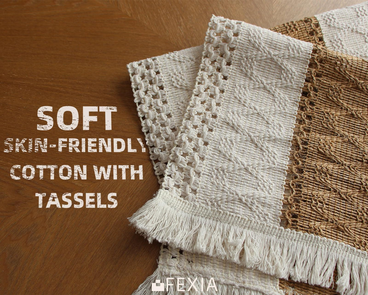 FEXIA Boho Placemats Set of 4, Macrame Table Decor Farmhouse Style Placemats in Natural Cotton Burlap, for Kitchen and Dining Table Centerpiece Home Decorations