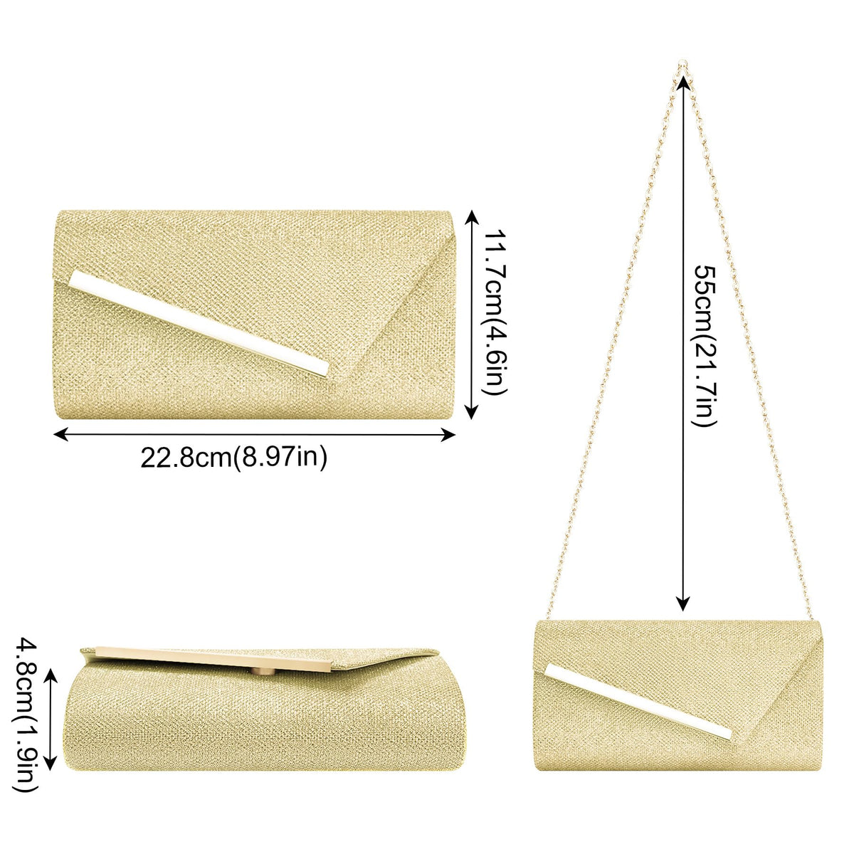 Larcenciel Glitter Evening Bag, Gold Envelope Clutch Purses for Women, Formal Ladies Sequin Handbag Crossbody Shoulder Wallet Perfect for Wedding, Guest Party, Prom, Cocktail, Date Night,9×4.7×2in