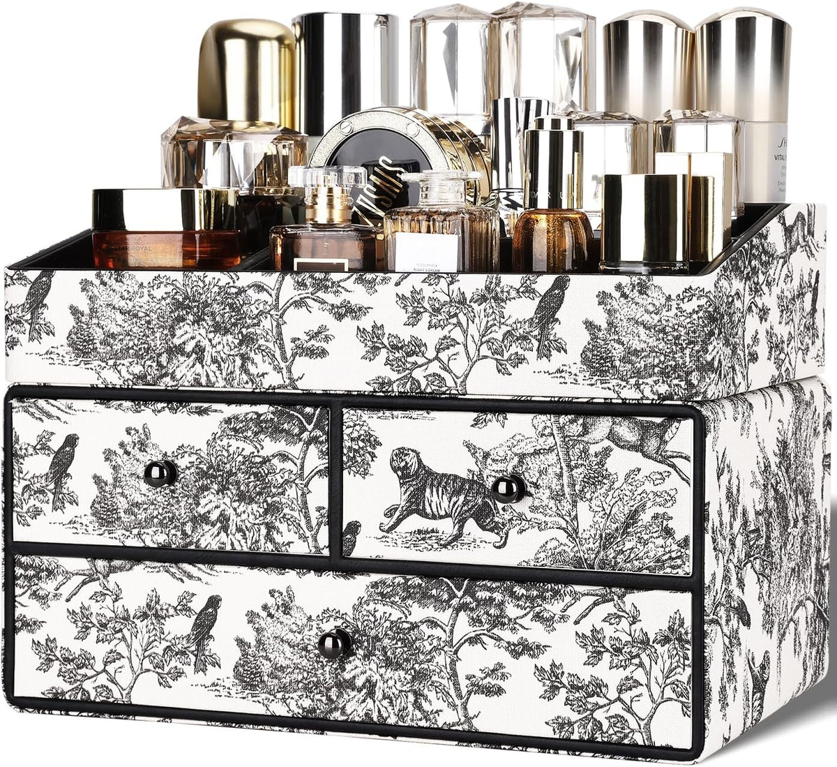 GORESE Leather Makeup Organizer with 3 Drawers for Vanity, Stackable Skincare Holder Dresser Organizer Countertop, Make Up Storage Organizers Counter Cosmetic Display Case Gift for Women(Retro Black)