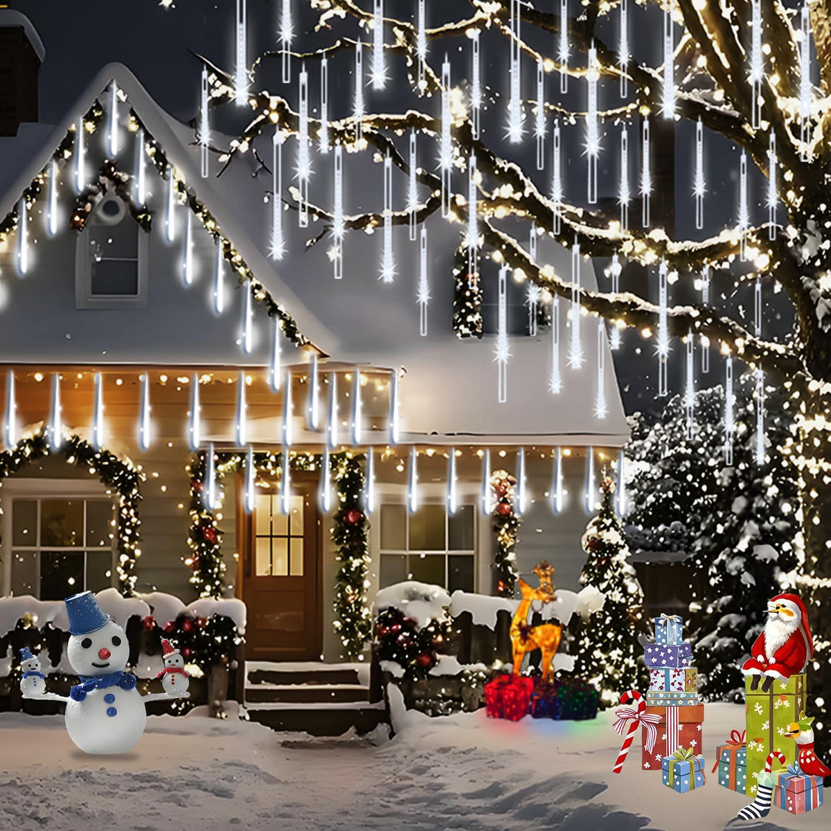 Adecorty Christmas Lights Outdoor, Meteor Shower Lights 8 Tubes 192LED UL Certified Snow Falling Rain Cascading Icicle Light for Xmas Tree Christmas Decorations Outdoor Wedding Party Window, White