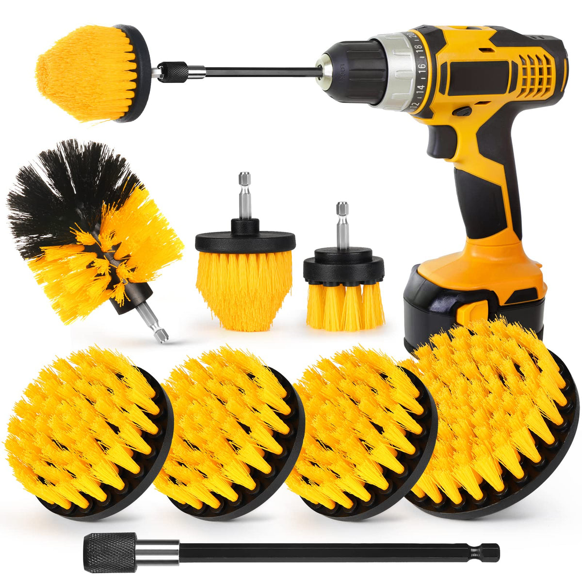 Drill Brush Attachment Set, 7 Pack 1/4in Power Scrubber Brush + Extend Long Rod, Brush Drill Attachment, Power Cleaning Scrub Brush for Bathroom, Tub, Tile, Corner, Floor
