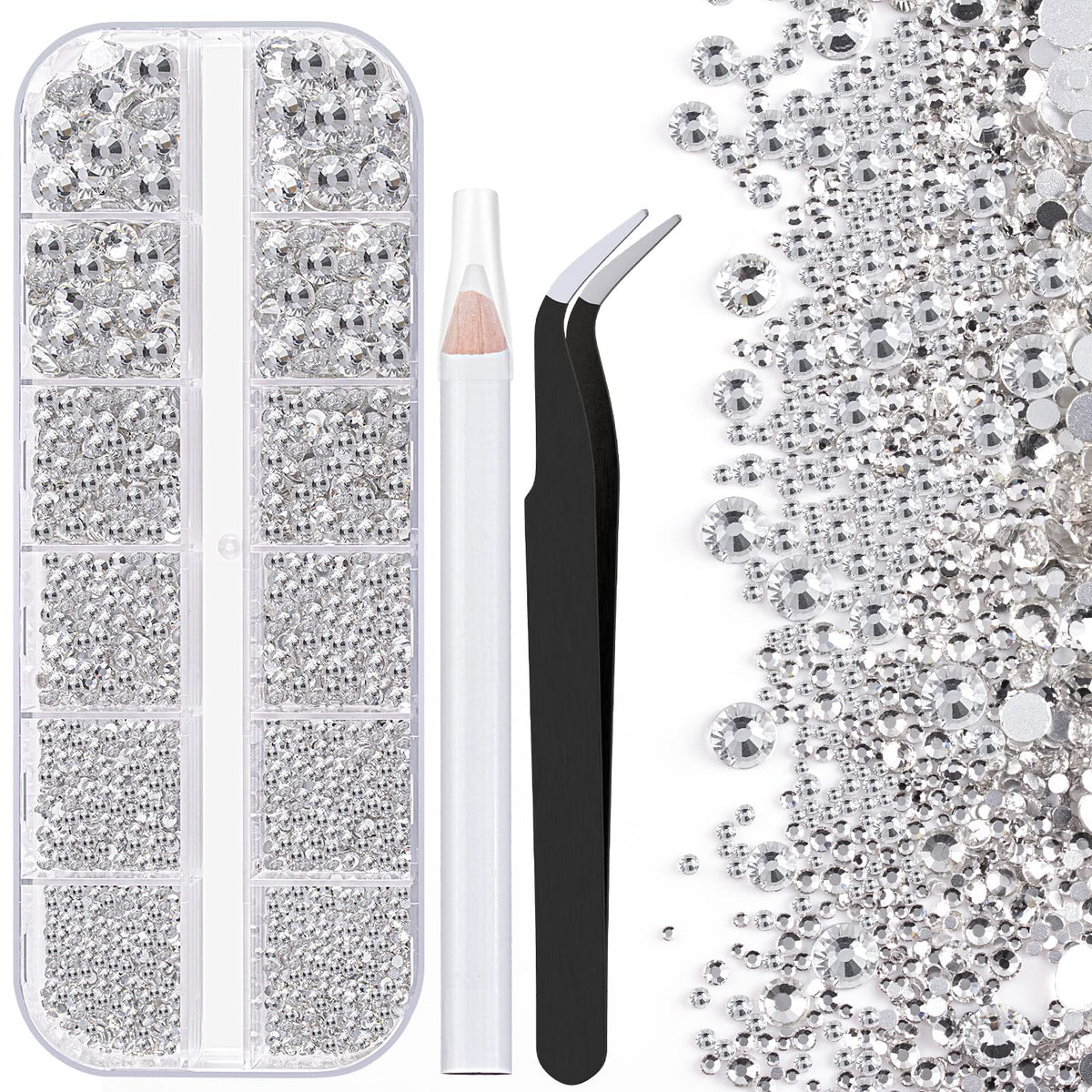 One Pack 2000 Pcs of Flatback Transparent White Clear Round Crystal Rhinestones 6 Sizes (1.5-6 mm) with Nail Art Rhinestone Picker Pencil and Tweezer for DIY and Salon Use