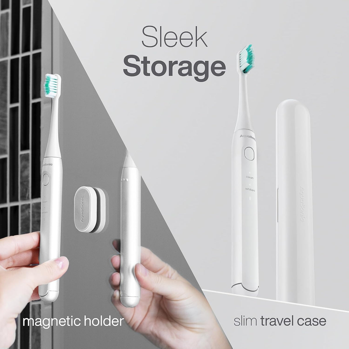 Aquasonic Icon ADA-Accepted Rechargeable Toothbrush | Magnetic Holder & Slim Travel Case | 2 Brushing Modes & Smart Timers | Gentle Micro-Vibrations (Pearl)