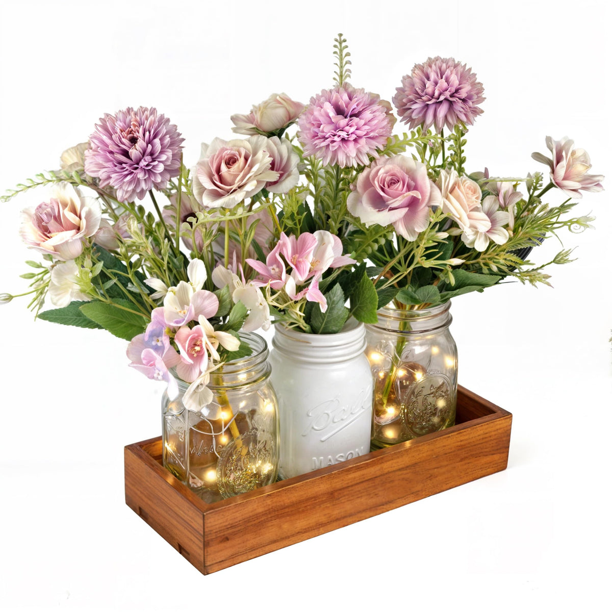 LIOZLIOLY Dining Mason Jar Lights Centerpiece Table Decorations for Dining Room Farmhouse Coffee Table Decor with Wood Tray, 3 Jars Artificial Flowers and Led Light for Kitchen Living Room (Purple)