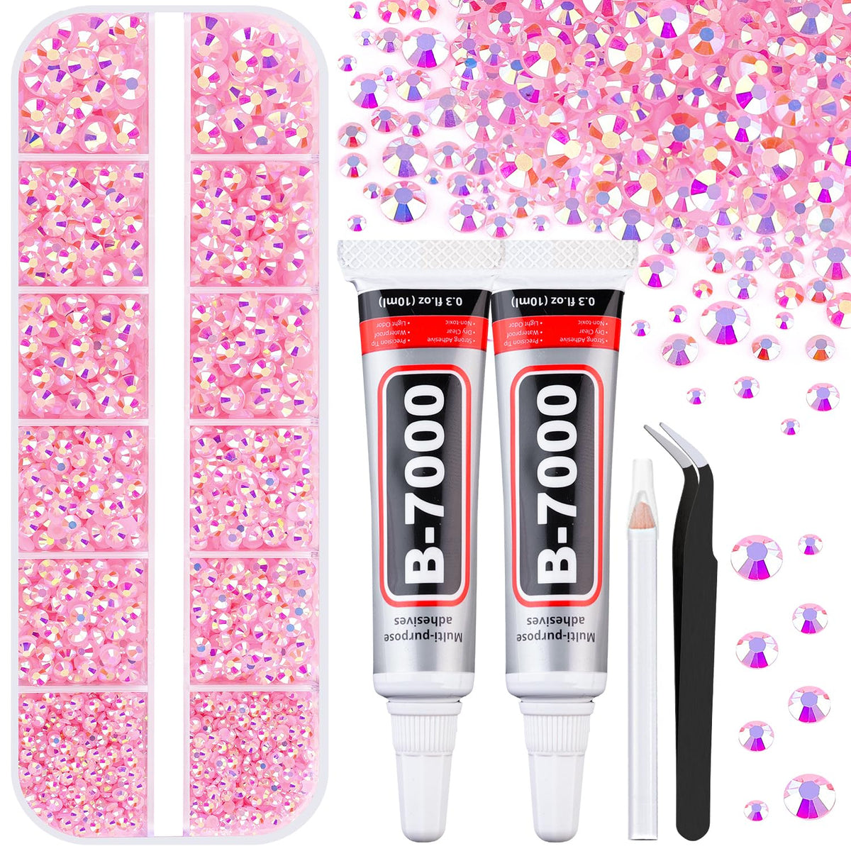 6100Pcs Jelly Resin Rhinestones for Crafting with 2Pcs 10ml B7000 Jewelry Glue, 1 Box Flatback Crystals Diamond (Light Pink AB) for Bedazzling Crafts DIY Nail Art Non Hotfix Gems for Clothing Shoes