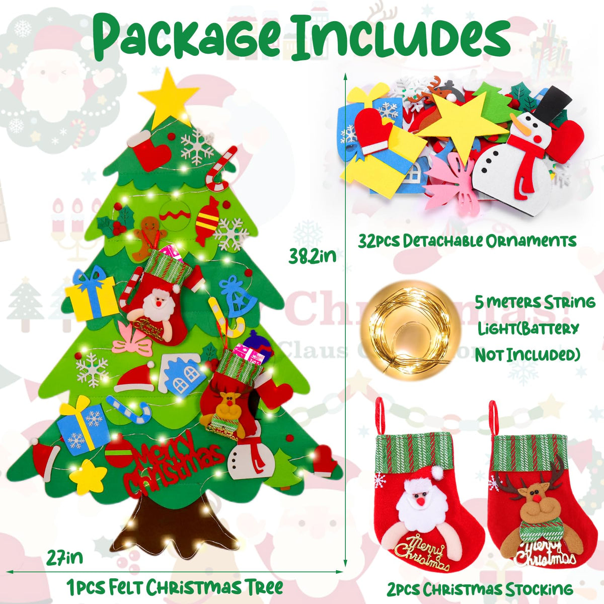 BABORUI Felt Christmas Tree for Kids with Christmas Stockings, Xmas Wall Hanging Ornaments Decorations with String Light for Toddlers, for Kids
