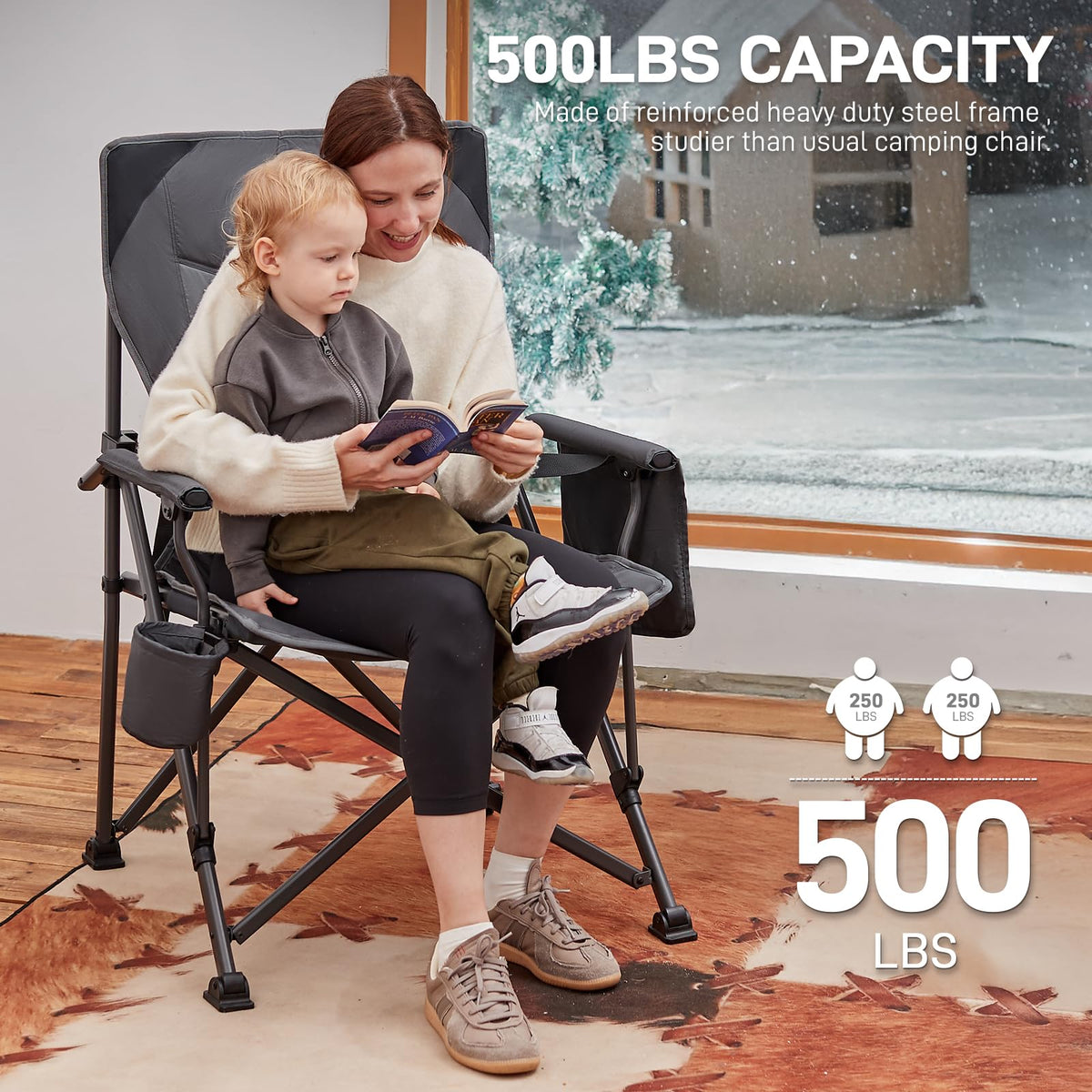 EVER ADVANCED Oversized Folding Camping Chair for Adults with Adjustable Lumbar Support, Heavy Duty Chair with Side Pockets, Portable Collapsible Quad Chair for Outside, Support Up to 500lbs,Grey