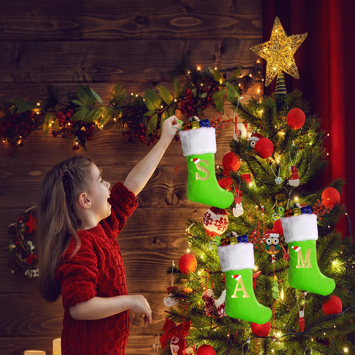 20 Inches Monogram Christmas Stockings with Letters, Large Super Soft Christmas Stockings Green Velvet with White Super Soft Plush Cuff for Christmas Xmas Tree Holiday Fireplace Green