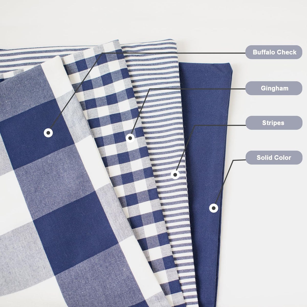 HOPLEE Navy Blue Decorative Pillow Cover 16x16 Pillow Cover with Buffalo Plaid, Solid Navy Blue, Tricking Stripe and Gingham Plaid Design 16x16 Inches Set of 4