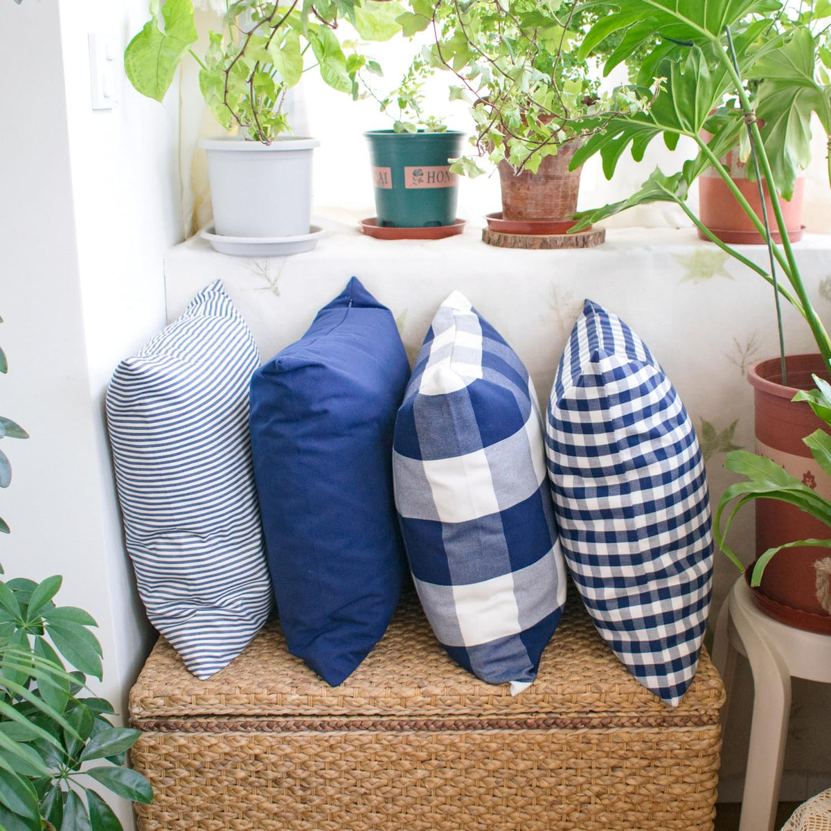 HOPLEE Navy Blue Decorative Pillow Cover 16x16 Pillow Cover with Buffalo Plaid, Solid Navy Blue, Tricking Stripe and Gingham Plaid Design 16x16 Inches Set of 4