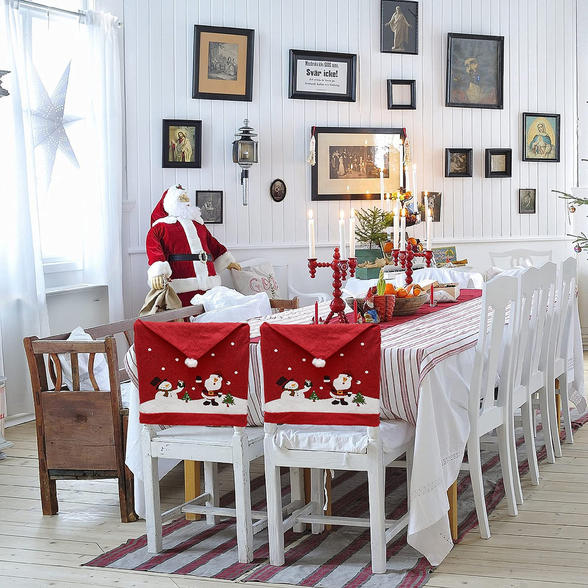 Phedrew 6Pcs Christmas Chair Covers Xmas Dining Chair Slipcovers Santa Hat Chair Back Covers for Christmas Banquet Holiday Festival Decor