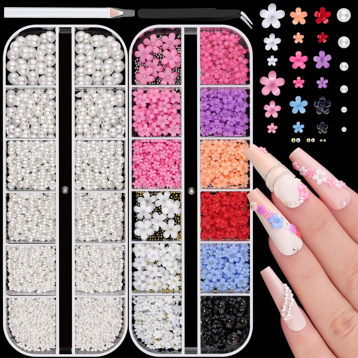 Flatback Pearls (White) and 3D Flowers for Nail Art, Pearl Nail Charms and Colorful Nail Flowers Blossom with Round Caviar Nail Beads Nail Accessories for Acrylic Nail Tips Manicure Decor