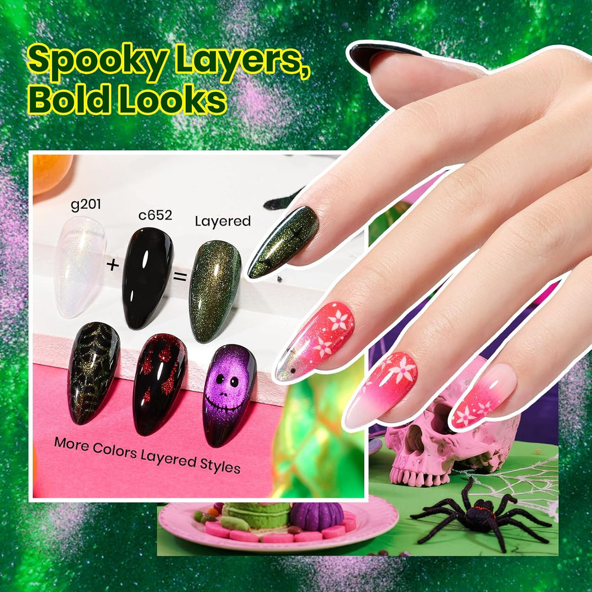 Beetles Halloween Gel Nail Polish Set – Wicked Mystic 8 Colors Gel Polish Kit, Gold Silver Black Green Blue Cat Eye Purple Red Glitter with Nail Art Accessories UV LED Soak Off Manicure Gift for Women