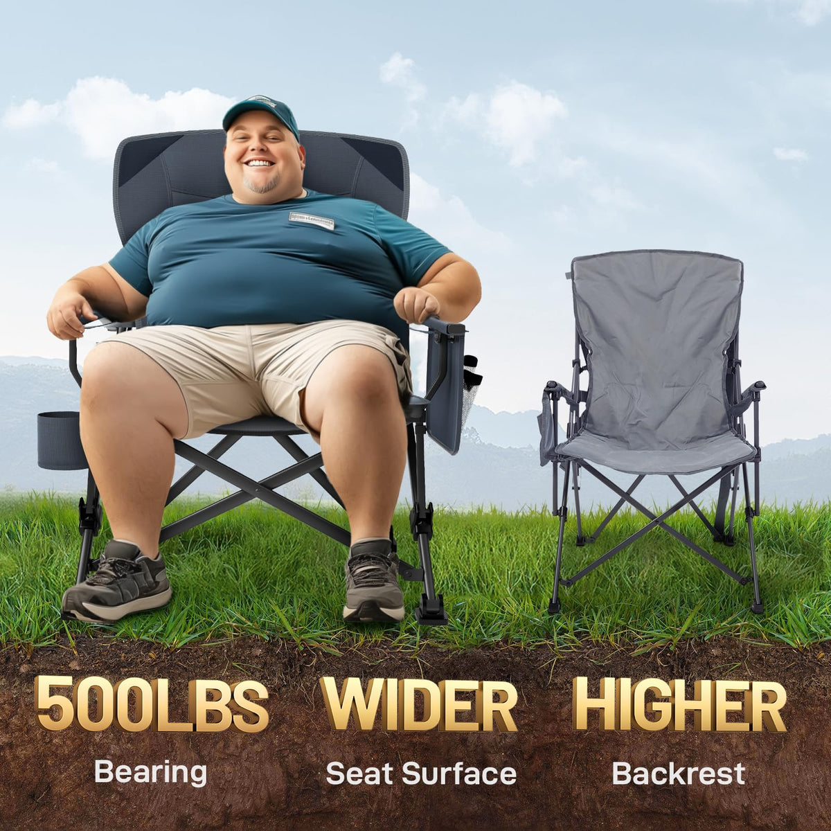 EVER ADVANCED Oversized Folding Camping Chair for Adults with Adjustable Lumbar Support, Heavy Duty Chair with Side Pockets, Portable Collapsible Quad Chair for Outside, Support Up to 500lbs,Grey