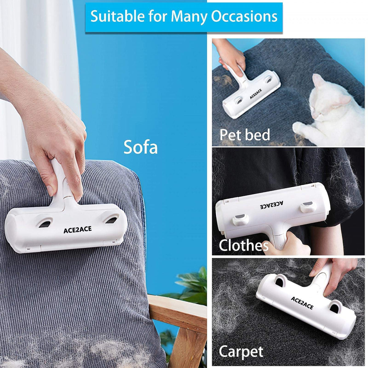 ACE2ACE Pet Hair Removal Tool, Lint Roller Brush for Cats and Dogs, Reusable Self Clean Pet Fur Remover, Pet Hair Remover for Laundry, Carpet, Furniture, Couch, Sofa and Bedding