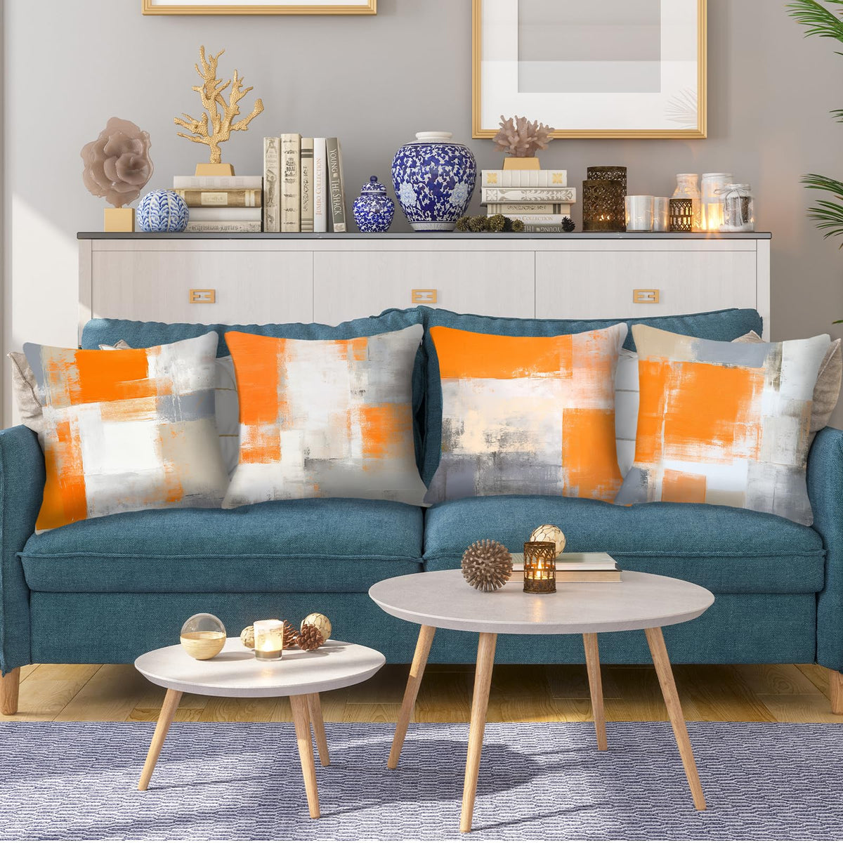 HOSTECCO Orange and Grey Throw Pillow Covers 18x18 inch Set of 4 Orange Abstract Art Pillow Cases Contemporary Square Decorative Cushion Covers for Sofa Couch Bed