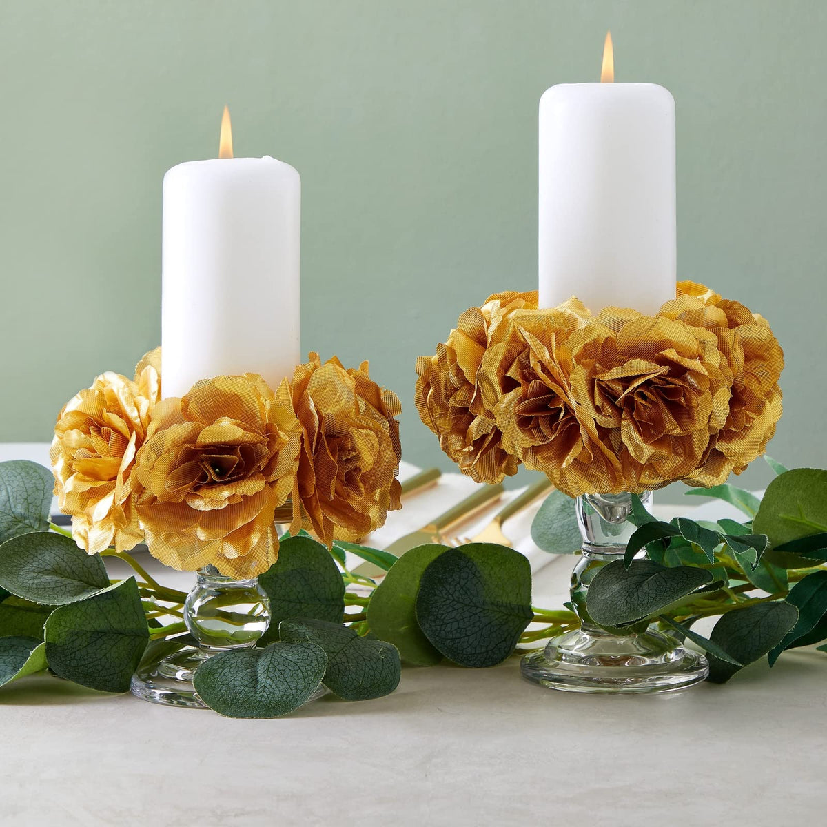 50 Pack Gold Roses Artificial Flowers Bulk, 3 Inch Stemless Fake Silk Roses for Decorations, Wedding, Faux Bouquets