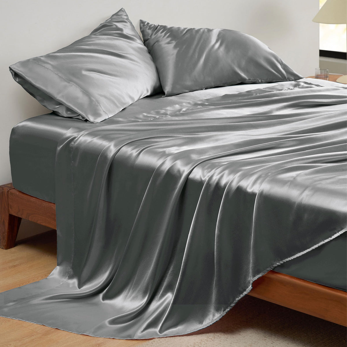 Bedsure Satin Sheets Queen Size - Luxury Silky Bed Sheet Set, Ultra Soft & Wrinkle Free, Good for Hair & Skin, Gifts for Women, 15 Inches Deep Pocket, 4-Piece (Queen, Dark Grey)