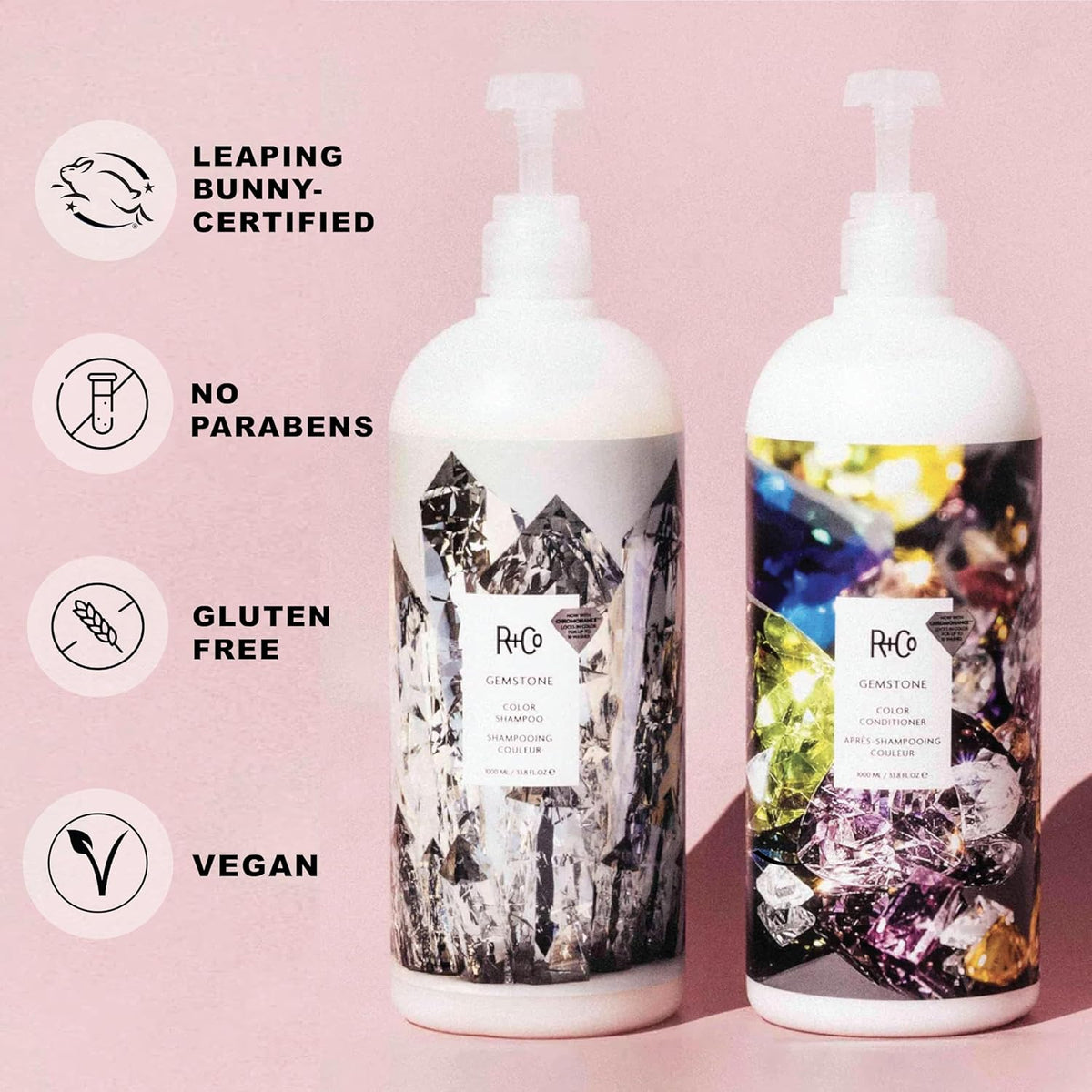 R+Co Gemstone Color Hair Shampoo and Conditioner Set for Color Treated Hair | Body + Shine + Smoothing for All Hair Types | Vegan + Cruelty-Free | 1 Liter, Pack of 2