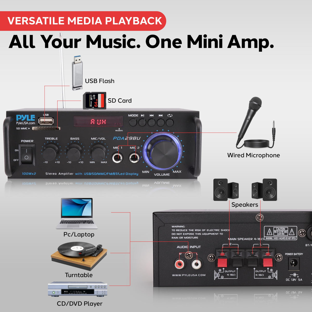 Pyle 200W Stereo Power Amplifier with Bluetooth - Dual Channel Audio Receiver - LED Display - RCA - USB - SD - MIC IN - FM Radio - AUX Input - Perfect for Home & Computer Audio - PDA29BU.5