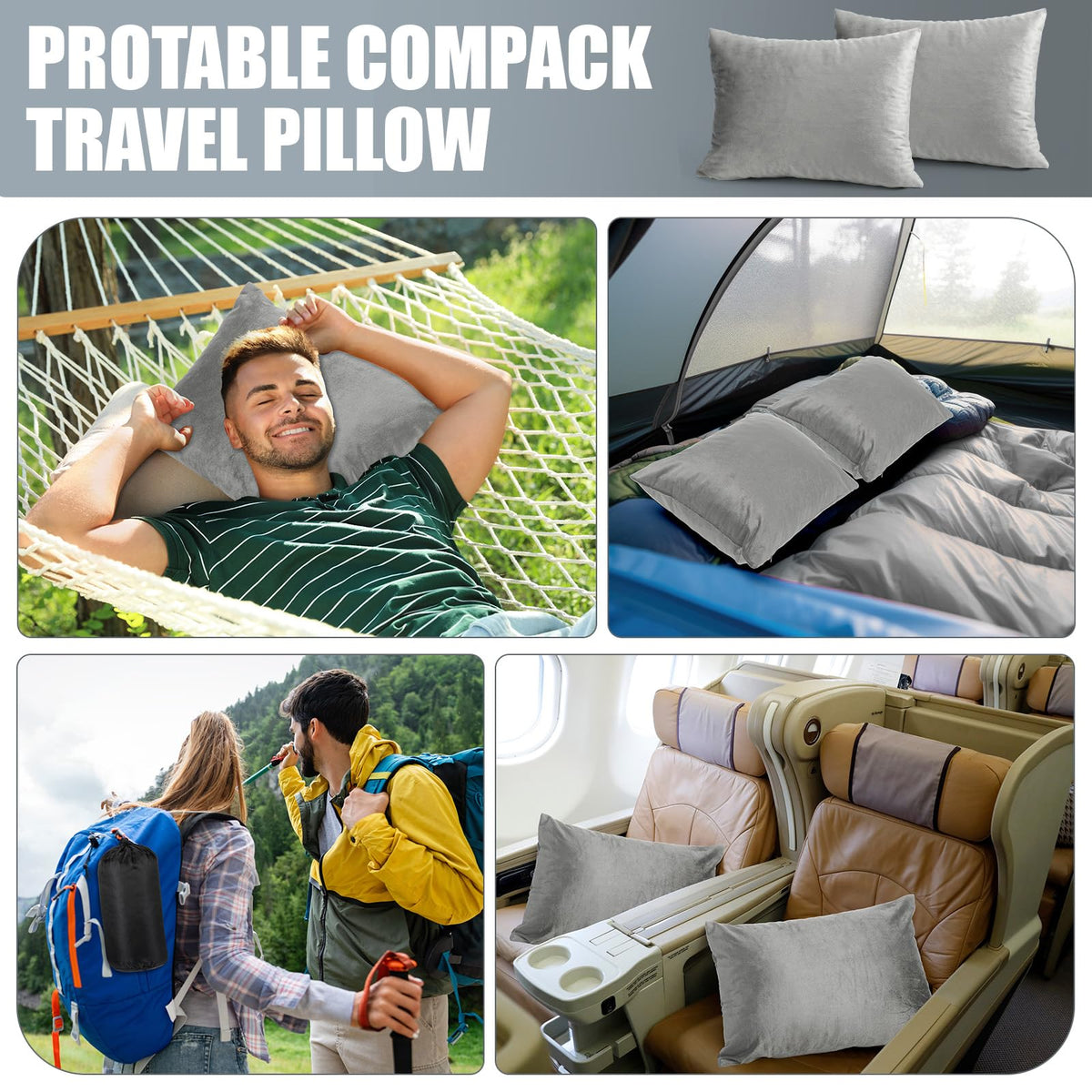SmoothNovelty 2 Pack Camping Pillow for Sleeping Shredded Memory Foam Travel Pillow with Storage Bag, Compressible Portable Pillow for Outdoor Camp Backpacking Hiking Essential Gear (Grey,Small)