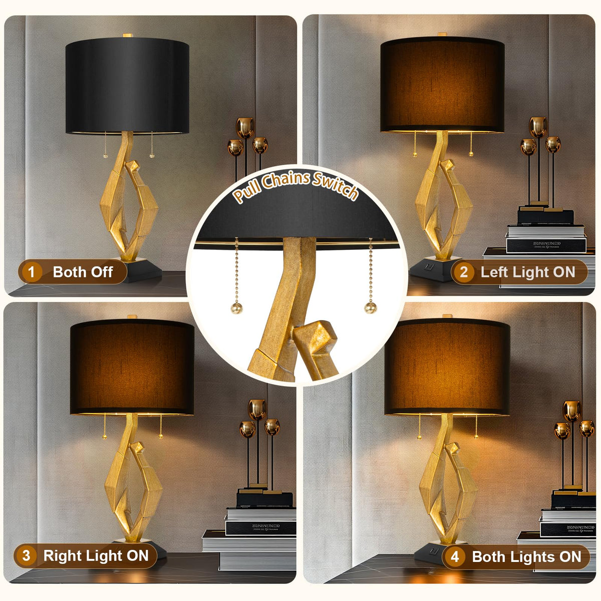 Sculptural Table Lamp Set of 2 with USB Ports For Living Room, Gold Leaf Finish Farmhouse Bedside Lamps with S Cluster Pull Chains Switch for Bedroom, Rustic Nightstand Lamp for Office, Hotel, Bar