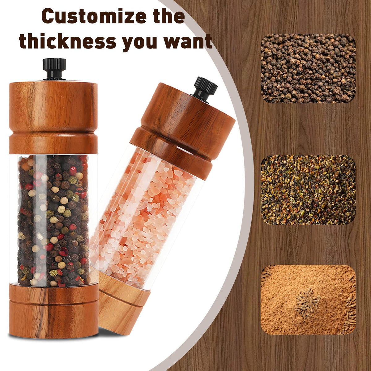 FUSHUI 2 Pack 5.5 Inch Wood Salt and Pepper Grinder Set, Premium Acrylic Salt and Pepper Grinder Set with a Adjustable Ceramic Rotor - Made of High-Grade Acacia Wood Material
