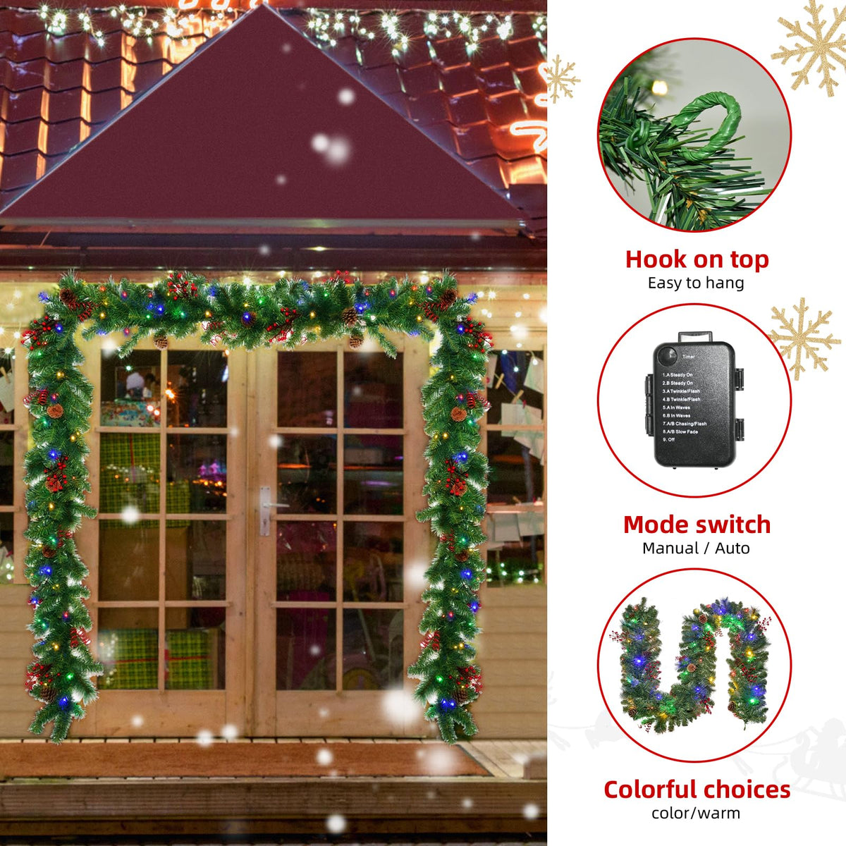Christmas Garland with Lights 9FT, Battery Powered 50 LED Lights, 8 Lighting Modes, Red Berry, Pine Cone for Stairs, Front Door, Christmas Decor