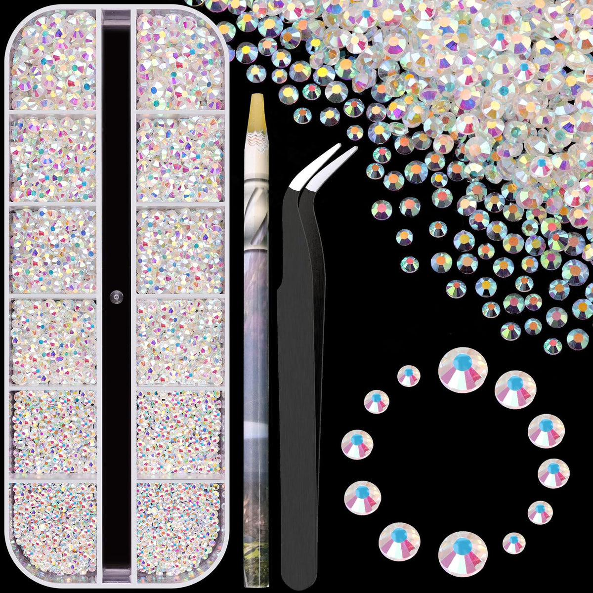 3600pcs Glass Transparent AB Nail Rhinestones 6 Sizes(1.8/2/2.4/2.8/3/4mm) Flatback Crystal Nail Charms Jewels Decoration for Nail Art and Crafting, Tweezer and Pickup Pen included